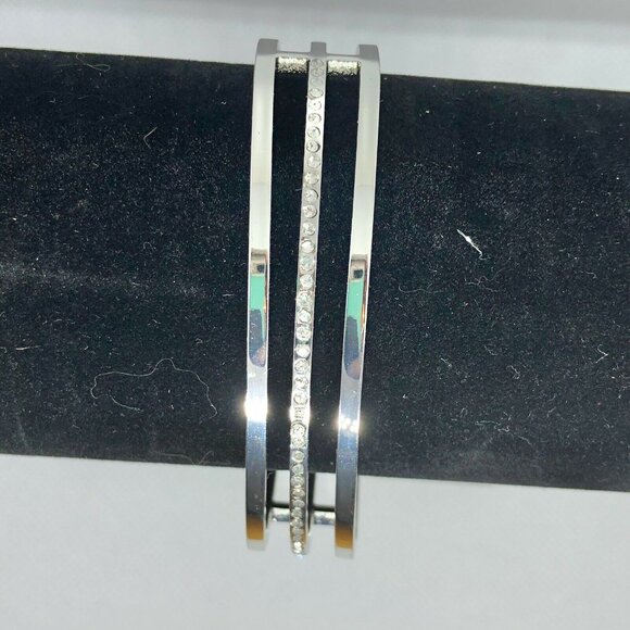 Silver-Tone Open Cuff Bracelet With Rhinestone Accent - Picture 4 of 5